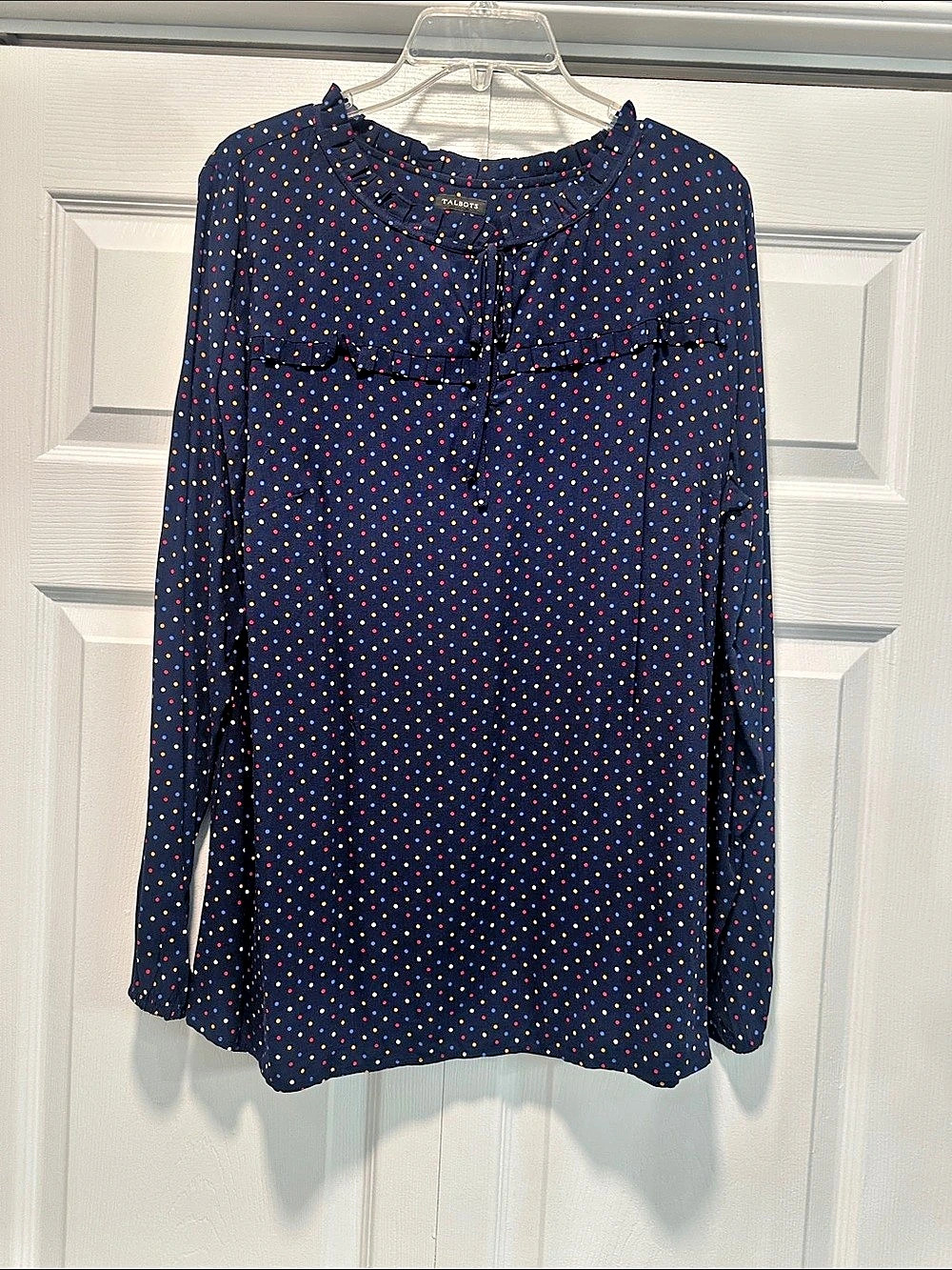 Talbots Polka Dot Ruffle Blouse in Blue Size Large Like New